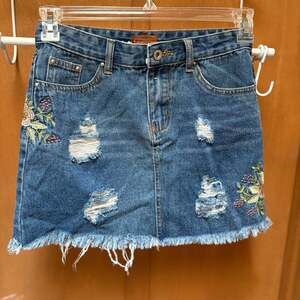 POL Distressed Denim Mini Skirt with Floral Embroidery